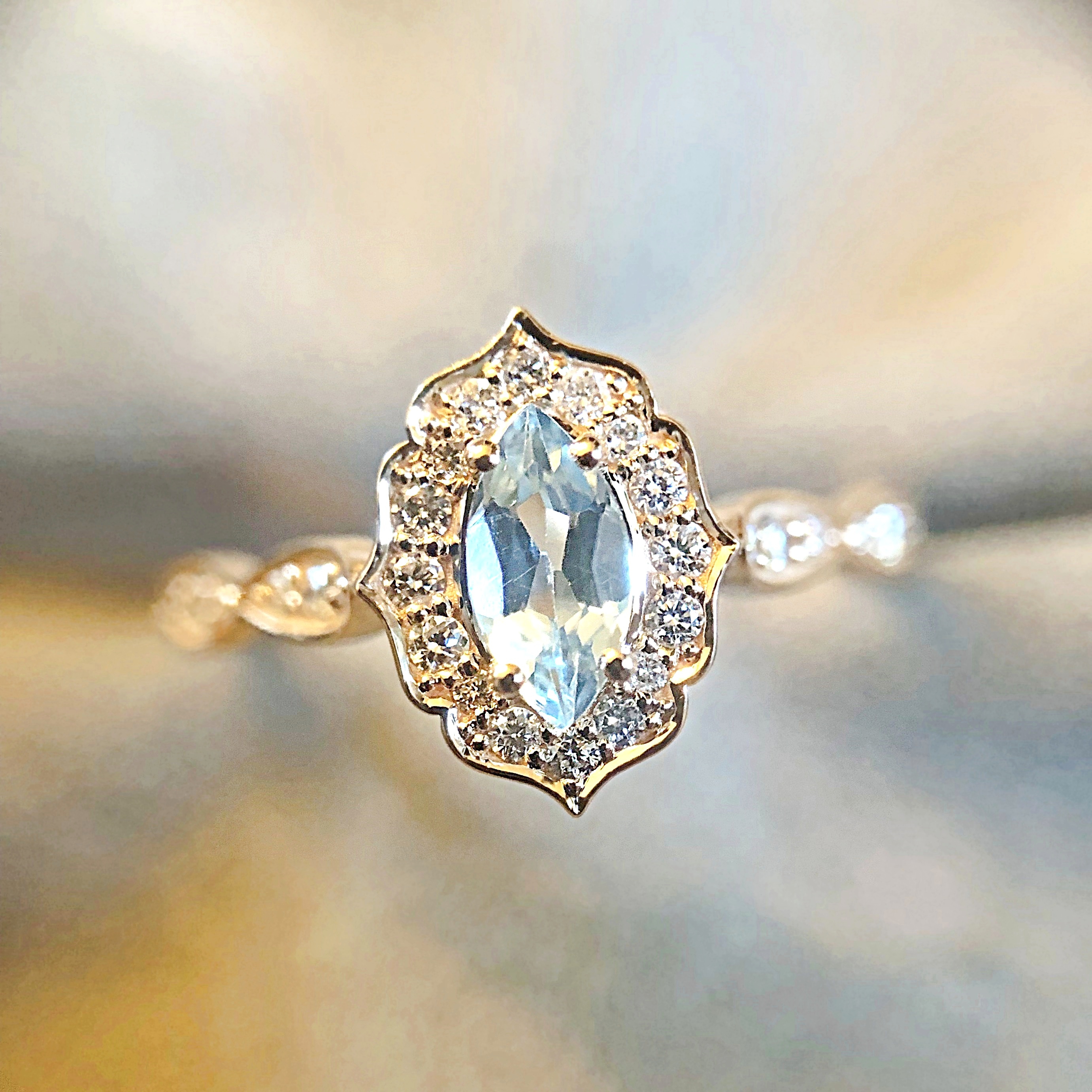 Vintage Markiz Blu Topaz Pırlantalı 14k Altın Yüzük