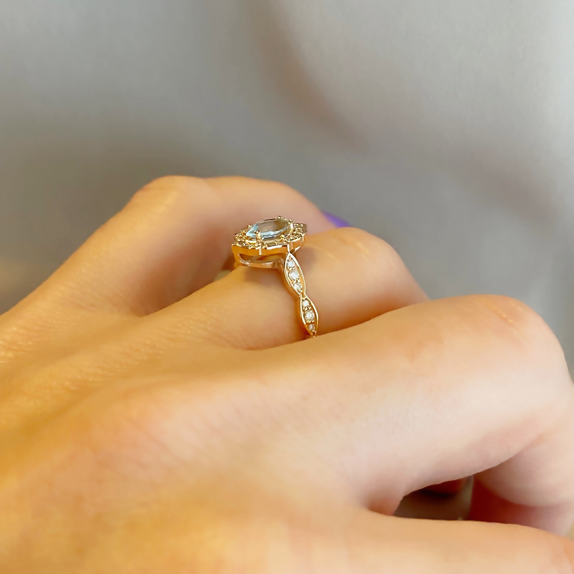 Vintage Markiz Blu Topaz Pırlantalı 14k Altın Yüzük