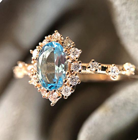 Vintage Blu Topaz ve Pırlanta Evlilik Yüzüğü